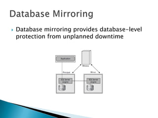 Database MirroringDatabase mirroring provides database-level protection from unplanned downtime