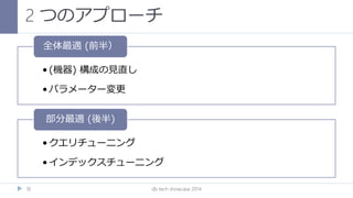 2 つのアプローチ
db tech showcase 201410
• (機器) 構成の見直し
• パラメーター変更
全体最適 (前半）
• クエリチューニング
• インデックスチューニング
部分最適 (後半)
 
