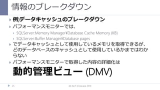 情報のブレークダウン
db tech showcase 201425
 例)データキャッシュのブレークダウン
 パフォーマンスモニターでは、
 SQLServer:Memory Manager¥Database Cache Memory (KB)
 SQLServer:Buffer Manager¥Database pages
 でデータキャッシュとして使用しているメモリを取得できるが、
どのデータベースのキャッシュとして使用しているかまではわか
らない
 パフォーマンスモニターで取得した内容の詳細化は
動的管理ビュー (DMV)
 