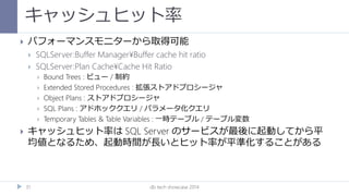 キャッシュヒット率
db tech showcase 201431
 パフォーマンスモニターから取得可能
 SQLServer:Buffer Manager¥Buffer cache hit ratio
 SQLServer:Plan Cache¥Cache Hit Ratio
 Bound Trees : ビュー / 制約
 Extended Stored Procedures : 拡張ストアドプロシージャ
 Object Plans : ストアドプロシージャ
 SQL Plans : アドホッククエリ / パラメータ化クエリ
 Temporary Tables & Table Variables : 一時テーブル / テーブル変数
 キャッシュヒット率は SQL Server のサービスが最後に起動してから平
均値となるため、起動時間が長いとヒット率が平準化することがある
 