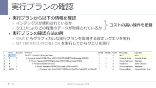 実行プランの確認
db tech showcase 201463
 実行プランから以下の情報を確認
 インデックスが使用されているか
 クエリによりどの程度のデータが取得されているか
 実行プランの確認方法の例
 SSMS からグラフィカルな実行プランを取得する設定しクエリを実行
 SET STATISTICS PROFILE ON を実行してからクエリを実行
コストの高い操作を把握
 