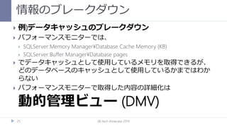 情報のブレークダウン
db tech showcase 201425
 例)データキャッシュのブレークダウン
 パフォーマンスモニターでは、
 SQLServer:Memory Manager¥Database Cache Memory ...
