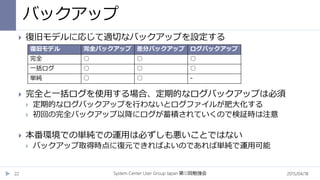 バックアップ
2015/04/18System Center User Group Japan 12第 回勉強会22
 復旧モデルに応じて適切なバックアップを設定する
 完全と一括ログを使用する場合、定期的なログバックアップは必須
 定期的なログバックアップを行わないとログファイルが肥大化する
 初回の完全バックアップ以降にログが蓄積されていくので検証時は注意
 本番環境での単純での運用は必ずしも悪いことではない
 バックアップ取得時点に復元できればよいのであれば単純で運用可能
復旧モデル 完全バックアップ 差分バックアップ ログバックアップ
完全 ○ ○ ○
一括ログ ○ ○ ○
単純 ○ ○ -
 