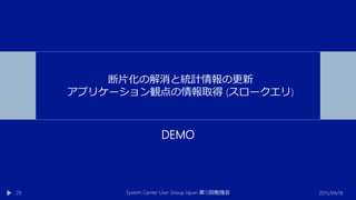 DEMO
2015/04/18System Center User Group Japan 12第 回勉強会29
断片化の解消と統計情報の更新
アプリケーション観点の情報取得 (スロークエリ)
 