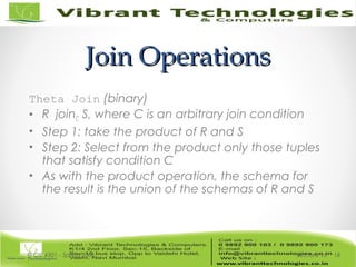 Join OperationsJoin Operations
Theta Join (binary)
• R joinC S, where C is an arbitrary join condition
• Step 1: take the product of R and S
• Step 2: Select from the product only those tuples
that satisfy condition C
• As with the product operation, the schema for
the result is the union of the schemas of R and S
Lecture 15© CIS 4301 - Spring 2006 18
 
