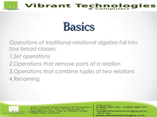 BasicsBasics
Operations of traditional relational algebra fall into
four broad classes:
1.Set operations
2.Operations that remove parts of a relation
3.Operations that combine tuples of two relations
4.Renaming
Lecture 15© CIS 4301 - Spring 2006 8
 