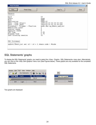 SQL Shot release 4.2 - User’s Guide




SQL Statements’ graphs
To display the SQL Statements’ graphs, you need to select the «View - Graphs - SQL Statements» menu item. Alternatively,
you can click on the «SQL Stmt graphs» menu icon (See Figures below). These graphs are only available for the completed
SQL Statements.




Two graphs are displayed:




                                                          31
 