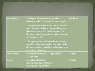 numeric(p,s)   Fixed precision and scale numbers.         5-17 bytes
               Allows numbers from -10^38 +1 to 10^38 –1.

               The p parameter indicates the maximum
               total number of digits that can be stored
               (both to the left and to the right of the
               decimal point). p must be a value from 1 to
               38. Default is 18.

               The s parameter indicates the maximum
               number of digits stored to the right of the
               decimal point. s must be a value from 0 to
               p. Default value is 0
smallmoney     Monetary data from -214,748.3648 to           4 bytes
               214,748.3647
money          Monetary data from -                          8 bytes
               922,337,203,685,477.5808 to
               922,337,203,685,477.5807
 