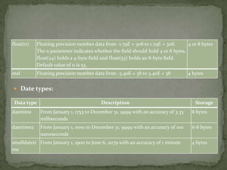 float(n)    Floating precision number data from -1.79E + 308 to 1.79E + 308.      4 or 8 bytes
            The n parameter indicates whether the field should hold 4 or 8 bytes.
            float(24) holds a 4-byte field and float(53) holds an 8-byte field.
            Default value of n is 53.
real        Floating precision number data from -3.40E + 38 to 3.40E + 38         4 bytes


 Date types:

 Data type                                Description                                Storage
datetime     From January 1, 1753 to December 31, 9999 with an accuracy of 3.33     8 bytes
             milliseconds
datetime2    From January 1, 0001 to December 31, 9999 with an accuracy of 100      6-8 bytes
             nanoseconds
smalldateti From January 1, 1900 to June 6, 2079 with an accuracy of 1 minute       4 bytes
me
 