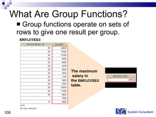 What Are Group Functions? Group functions operate on sets of rows to give one result per group. System Consultant EMPLOYEES The maximum  salary in  the  EMPLOYEES   table. … 