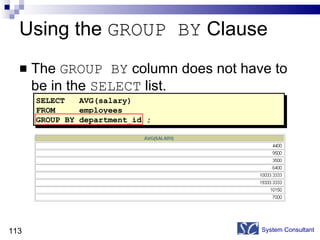 Using the  GROUP BY  Clause  The  GROUP BY  column does not have to be in the  SELECT  list. System Consultant SELECT  AVG(salary) FROM  employees GROUP BY department_id ; 