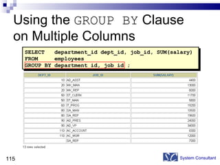 Using the  GROUP BY  Clause  on Multiple Columns System Consultant SELECT  department_id dept_id, job_id, SUM(salary) FROM  employees GROUP BY department_id, job_id ; 