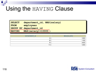 Using the  HAVING  Clause System Consultant SELECT  department_id, MAX(salary) FROM  employees GROUP BY department_id HAVING  MAX(salary)>10000 ; 