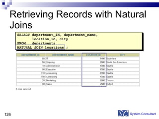 Retrieving Records with Natural Joins System Consultant SELECT department_id, department_name, location_id, city FROM  departments NATURAL JOIN locations ; 