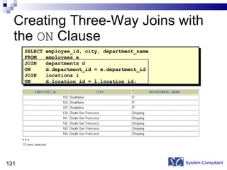 Creating Three-Way Joins with  the  ON  Clause System Consultant SELECT employee_id, city, department_name FROM  employees e  JOIN  departments d ON  d.department_id = e.department_id  JOIN  locations l ON  d.location_id = l.location_id; … 