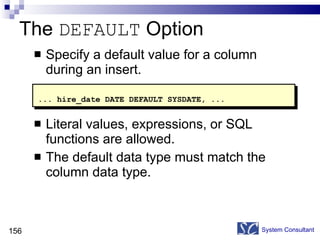 The  DEFAULT  Option Specify a default value for a column during an insert. Literal values, expressions, or SQL functions are allowed. The default data type must match the column data type. System Consultant ... hire_date DATE DEFAULT SYSDATE, ...   