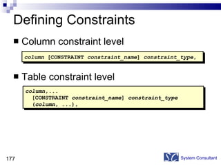 Defining Constraints Column constraint level Table constraint level System Consultant column  [CONSTRAINT  constraint_name ]  constraint_type , column,... [CONSTRAINT  constraint_name ]  constraint_type ( column , ...), 