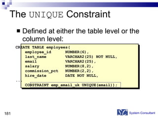 The  UNIQUE  Constraint Defined at either the table level or the column level:  System Consultant CREATE TABLE employees( employee_id  NUMBER(6), last_name  VARCHAR2(25) NOT NULL, email  VARCHAR2(25), salary  NUMBER(8,2), commission_pct  NUMBER(2,2), hire_date  DATE NOT NULL, ...  CONSTRAINT emp_email_uk UNIQUE(email)); 