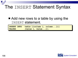 The  INSERT  Statement Syntax Add new rows to a table by using the  INSERT  statement. System Consultant INSERT INTO table  [( column  [ , column... ])] VALUES (value  [ , value... ]); 