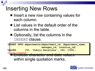 Inserting New Rows Insert a new row containing values for each column. List values in the default order of the columns in the table.  Optionally, list the columns in the  INSERT  clause. Enclose character and date values within single quotation marks. System Consultant INSERT INTO departments(department_id, department_name,  manager_id, location_id) VALUES  (70, 'Public Relations', 100, 1700); 1 row created. 