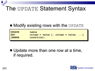 The  UPDATE  Statement Syntax Modify existing rows with the  UPDATE  statement. Update more than one row at a time, if required. System Consultant UPDATE table SET column  =  value  [,  column  =  value, ... ] [WHERE  condition ]; 