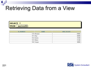 Retrieving Data from a View System Consultant SELECT * FROM salvu50; 