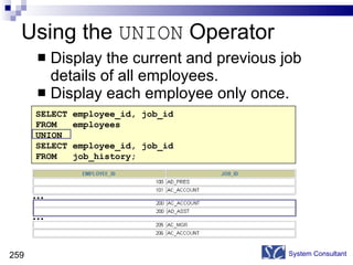 Using the  UNION  Operator Display the current and previous job details of all employees.  Display each employee only once. System Consultant SELECT employee_id, job_id FROM  employees UNION SELECT employee_id, job_id FROM  job_history; … … 