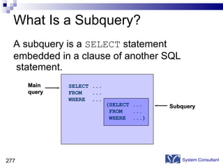 What Is a Subquery? A subquery is a  SELECT  statement embedded in a clause of another SQL statement. System Consultant SELECT ...  FROM  ... WHERE  ... (SELECT ... FROM  ... WHERE  ...) Main query Subquery 