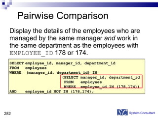Pairwise Comparison Display the details of the employees who are managed by the same manager  and  work in the same department as the employees with  EMPLOYEE_ID  178 or 174. System Consultant SELECT employee_id, manager_id, department_id FROM employees WHERE  (manager_id, department_id) IN (SELECT manager_id, department_id FROM  employees WHERE  employee_id IN (178,174)) AND employee_id NOT IN (178,174); 