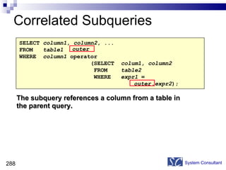 Correlated Subqueries System Consultant SELECT  column1 ,  column2 , ... FROM  table1 WHERE  column1  operator    (SELECT  colum1, column2 FROM  table2 WHERE  expr1  =  .expr2 ); The subquery references a column from a table in the parent query. outer outer 