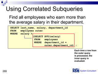 Using Correlated Subqueries Find all employees who earn more than the average salary in their department. System Consultant SELECT last_name, salary, department_id FROM  employees outer WHERE  salary > Each time a row from  the outer query is processed, the inner query is evaluated. (SELECT AVG(salary) FROM  employees WHERE  department_id =  outer.department_id) ; 