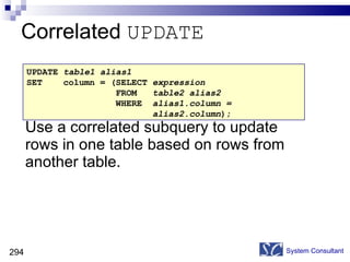 Correlated  UPDATE Use a correlated subquery to update rows in one table based on rows from another table. System Consultant UPDATE  table1 alias1 SET  column = (SELECT  expression FROM  table2 alias2 WHERE  alias1.column =  alias2.column ); 