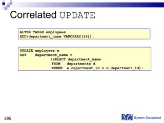 Correlated  UPDATE System Consultant ALTER TABLE employees ADD(department_name VARCHAR2(14)); UPDATE employees e SET  department_name =  (SELECT department_name    FROM  departments d   WHERE  e.department_id = d.department_id); 