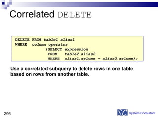 Correlated  DELETE System Consultant DELETE FROM  table1 alias1 WHERE  column operator   (SELECT  expression   FROM  table2 alias2   WHERE  alias1.column = alias2.column); Use a correlated subquery to delete rows in one table based on rows from another table. 