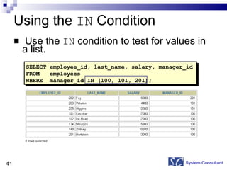 Using the  IN  Condition Use the  IN  condition to test for values in a list. System Consultant SELECT employee_id, last_name, salary, manager_id FROM  employees WHERE  manager_id IN (100, 101, 201); 