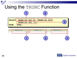 Using the  TRUNC  Function System Consultant SELECT  TRUNC(45.923,2), TRUNC(45.923), TRUNC(45.923,-2) FROM  DUAL; 3 1 2 1 2 3 