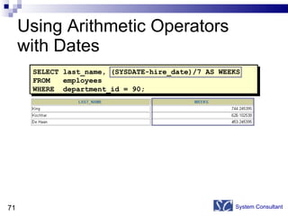 Using Arithmetic Operators with Dates System Consultant SELECT last_name, (SYSDATE-hire_date)/7 AS WEEKS FROM  employees WHERE  department_id = 90; 
