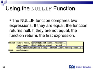 Using the  NULLIF  Function System Consultant SELECT first_name, LENGTH(first_name) "expr1",  last_name,  LENGTH(last_name)  "expr2", NULLIF(LENGTH(first_name), LENGTH(last_name)) result FROM  employees; The NULLIF function compares two expressions. If they are equal, the function returns null. If they are not equal, the function returns the first expression.  