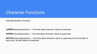 Character Functions
Case Manipulation Functions:
LOWER(column|expression) → Converts alpha character values to lowercase
UPPER(column|expression) → Converts alpha character values to uppercase
INITCAP(column|expression) → Converts alpha character values to uppercase for the first letter of
each word, all other letters in lowercase
 