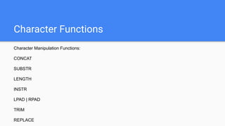 Character Functions
Character Manipulation Functions:
CONCAT
SUBSTR
LENGTH
INSTR
LPAD | RPAD
TRIM
REPLACE
 