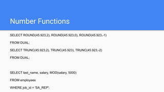 Number Functions
SELECT ROUND(45.923,2), ROUND(45.923,0), ROUND(45.923,-1)
FROM DUAL;
SELECT TRUNC(45.923,2), TRUNC(45.923), TRUNC(45.923,-2)
FROM DUAL;
SELECT last_name, salary, MOD(salary, 5000)
FROM employees
WHERE job_id = 'SA_REP';
 