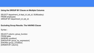 Using the GROUP BY Clause on Multiple Columns
SELECT department_id dept_id, job_id, SUM(salary)
FROM employees
GROUP BY department_id, job_id;
Excluding Group Results: The HAVING Clause
Syntax :
SELECT column, group_function
FROM table
[WHERE condition]
[GROUP BY group_by_expression]
[HAVING group_condition]
[ORDER BY column];
 