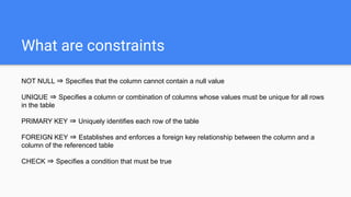 What are constraints
NOT NULL ⇒ Specifies that the column cannot contain a null value
UNIQUE ⇒ Specifies a column or combination of columns whose values must be unique for all rows
in the table
PRIMARY KEY ⇒ Uniquely identifies each row of the table
FOREIGN KEY ⇒ Establishes and enforces a foreign key relationship between the column and a
column of the referenced table
CHECK ⇒ Specifies a condition that must be true
 