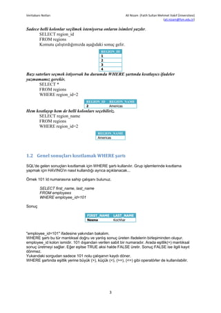 Veritabanı Notları                                         Ali Nizam (Fatih Sultan Mehmet Vakıf Üniversitesi)
                                                                                      (ali.nizam@fsm.edu.tr)

Sadece belli kolonlar seçilmek isteniyorsa onların isimleri yazılır.
      SELECT region_id
      FROM regions
      Komutu çalıştırdığımızda aşağıdaki sonuç gelir.
                                            REGION_ID
                                            1
                                            2
                                            3
                                            4
Bazı satırları seçmek istiyorsak bu durumda WHERE şartında kısıtlayıcı ifadeler
yazmamamız gerekir.
       SELECT *
       FROM regions
       WHERE region_id=2
                                    REGION_ID    REGION_NAME
                                    2            Americas
Hem kısıtlayıp hem de belli kolonları seçebiliriz.
      SELECT region_name
      FROM regions
      WHERE region_id=2
                                          REGION_NAME
                                          Americas




1.2 Genel sonuçları kısıtlamak WHERE şartı

SQL'de gelen sonuçları kısıtlamak için WHERE şartı kullanılır. Grup işlemlerinde kısıtlama
yapmak için HAVING'in nasıl kullandığı ayrıca açıklanacak...

Örnek 101 Id numarasına sahip çalışanı bulunuz.

         SELECT first_name, last_name
         FROM employees
         WHERE employee_id=101

Sonuç

                                    FIRST_NAME       LAST_NAME
                                    Neena            Kochhar



"employee_id=101" ifadesine yakından bakalım.
WHERE şartı bu tür mantıksal doğru ve yanlış sonuç üreten ifadelerin birleşiminden oluşur.
employee_id kolon ismidir. 101 dışarıdan verilen sabit bir numaradır. Arada eşitlik(=) mantıksal
sonuç üretmeyi sağlar. Eğer eşitse TRUE aksi halde FALSE üretir. Sonuç FALSE ise ilgili kayıt
dönmez.
Yukarıdaki sorgudan sadece 101 nolu çalışanın kaydı döner.
WHERE şartında eşitlik yerine büyük (>), küçük (<), (>=), (<=) gibi operatörler de kullanılabilir.




                                                 3
 