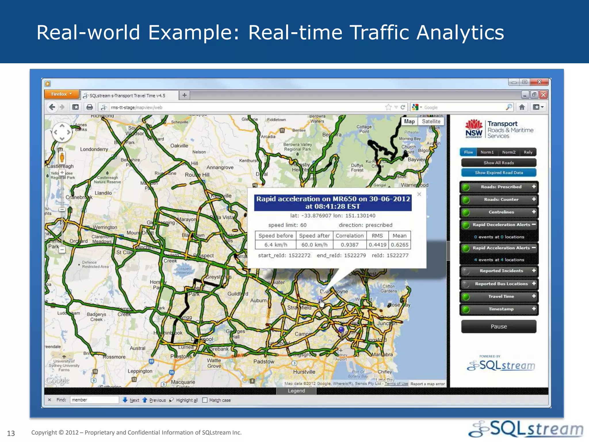 Real-world Example: Real-time Traffic Analytics




13   Copyright © 2012 – Proprietary and Confidential Information of SQLstream Inc.
 
