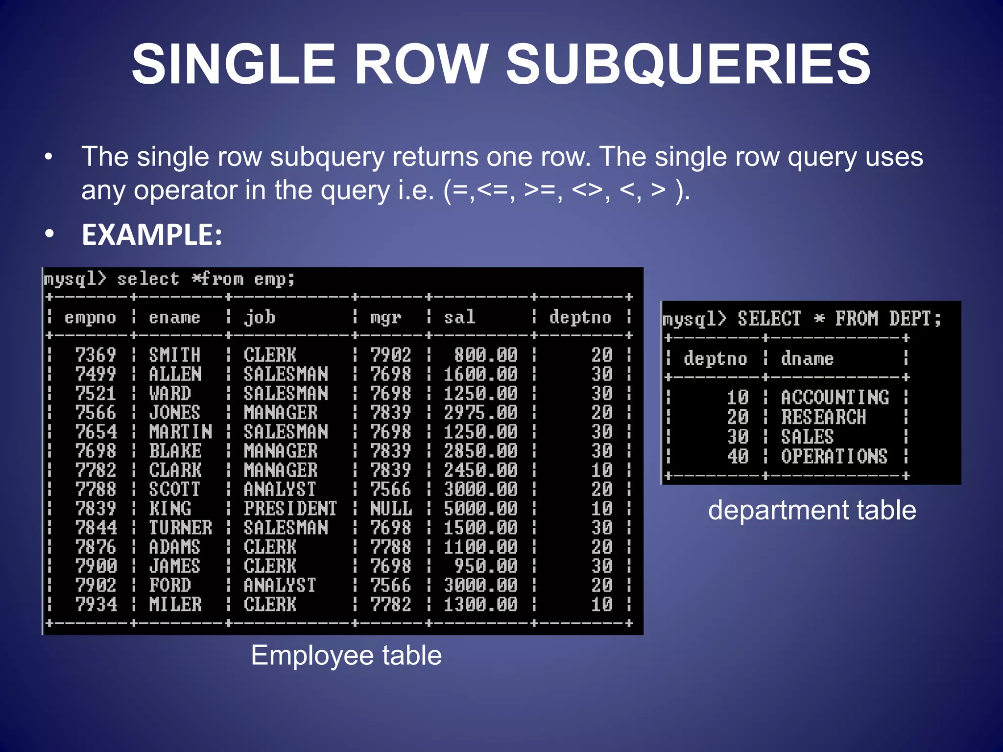 SINGLE ROW SUBQUERIES
• The single row subquery returns one row. The single row query uses
any operator in the query i.e. (=,<=, >=, <>, <, > ).
• EXAMPLE:
• department table
Employee table
 