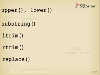 upper(), lower()
substring()
ltrim()

rtrim()
replace()
161

 