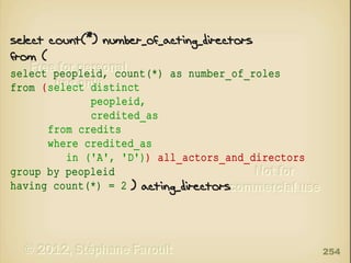 select count(*) number_of_acting_directors
from (
select peopleid, count(*) as number_of_roles
from ( select distinct
peopleid,
credited_as
from credits
where credited_as
in ('A', 'D')) all_actors_and_directors
group by peopleid
having count(*) = 2 ) acting_directors

254

 