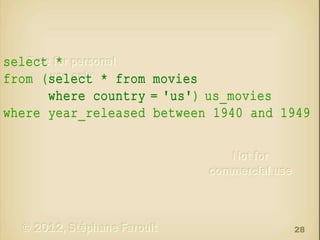 select *
from (select * from movies
select
where country = 'us' us_movies
'us')
where year_released between 1940 and 1949

28

 