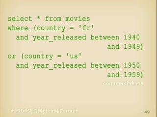 select * from movies
where (country = 'fr'
and year_released between
and
or (country = 'us'
and year_released between
and

1940
1949)
1950
1959)

49

 